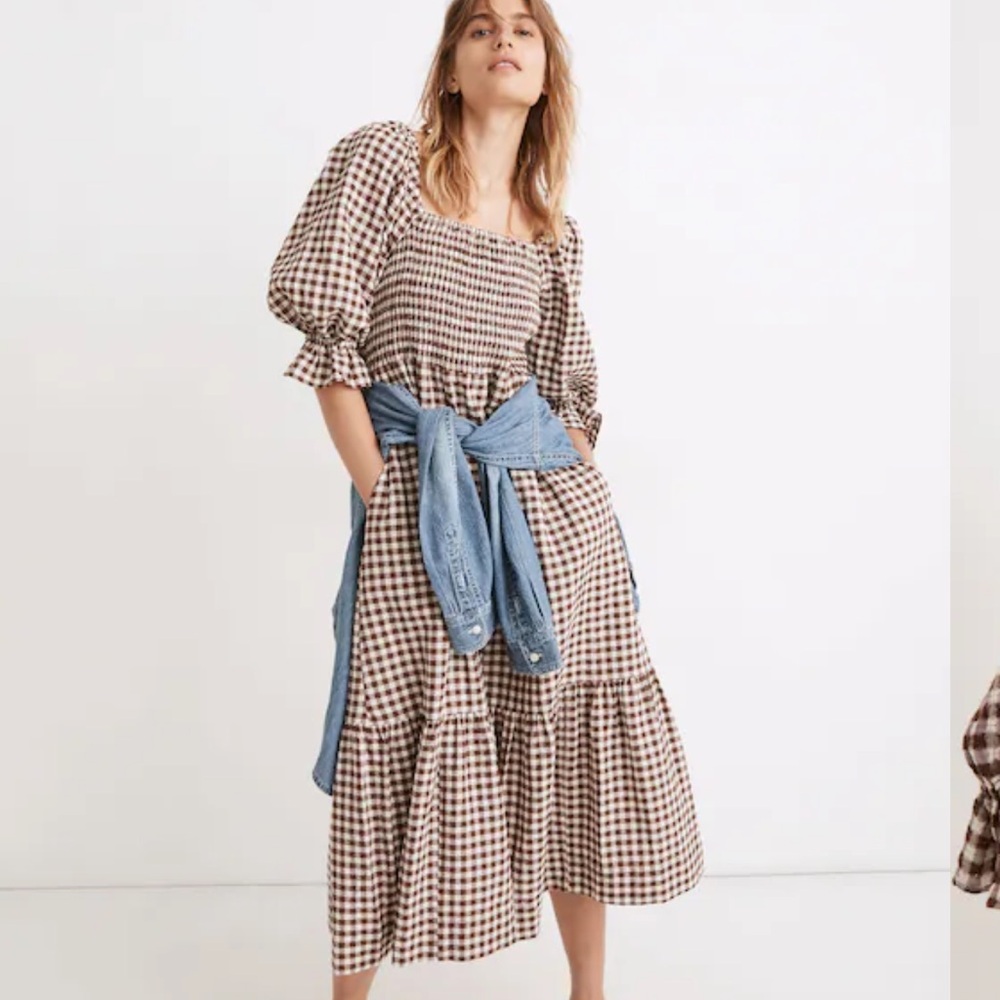 ISO MADEWELL LUCIE Gingham Checkered Dress BROWN AND WHITE SIZE SMALL